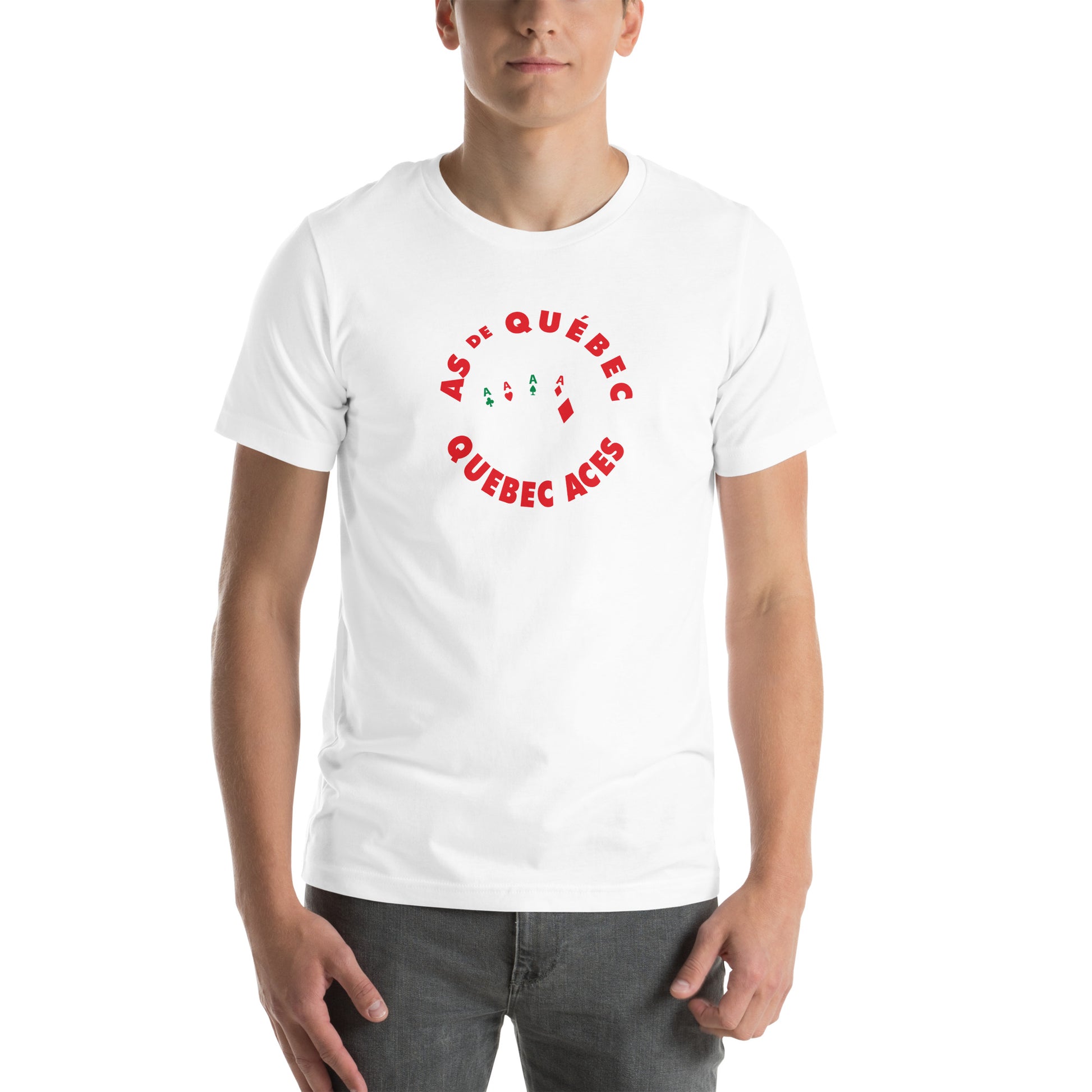 Quebec Aces T-shirt. White. "As de Quebec in red arched in top of circle, "Quebec Aces" arched in red below in circle. Center with four playing cards spread out, Aces in all for suits. Royal Retros