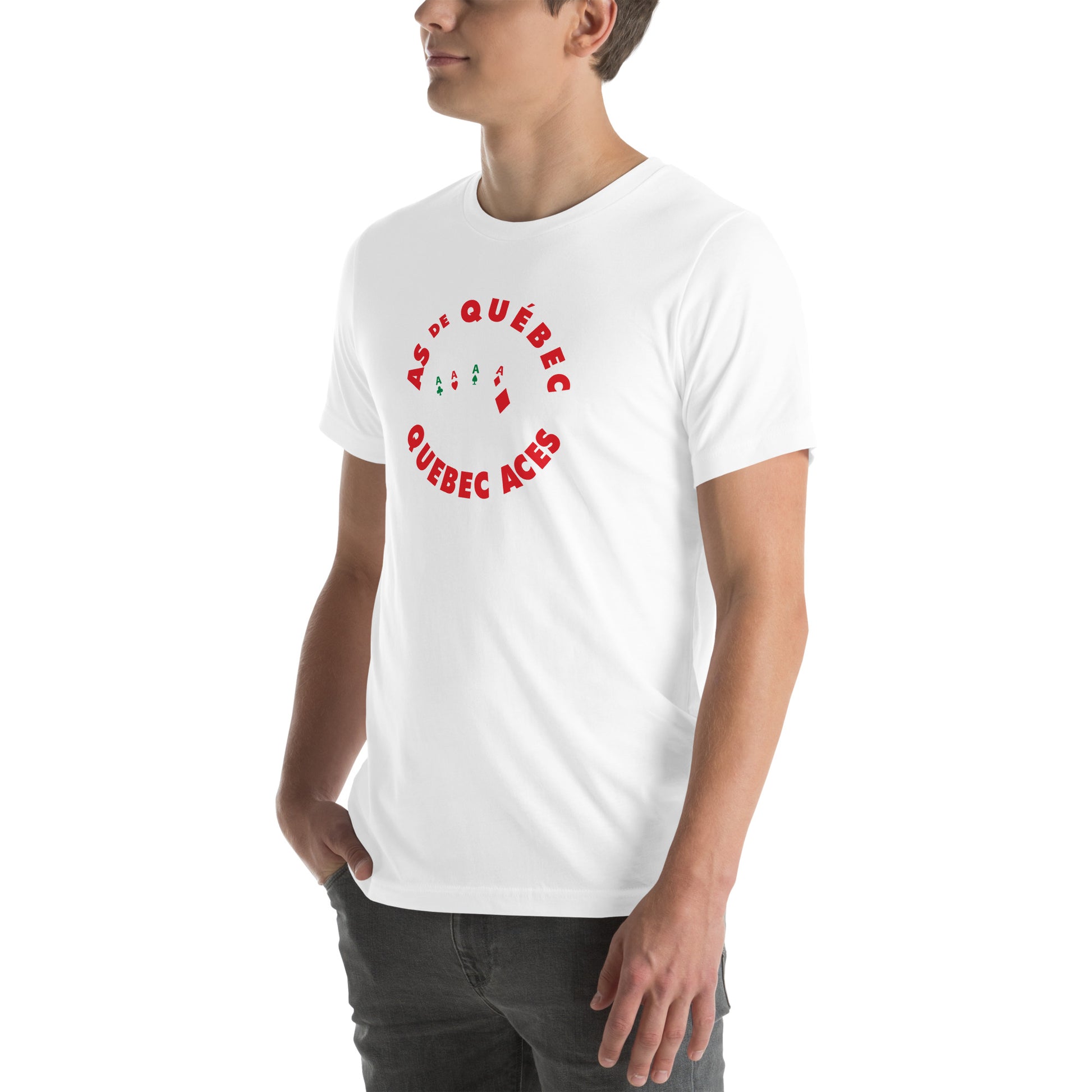 Quebec Aces T-shirt. White. "As de Quebec in red arched in top of circle, "Quebec Aces" arched in red below in circle. Center with four playing cards spread out, Aces in all for suits. Royal Retros