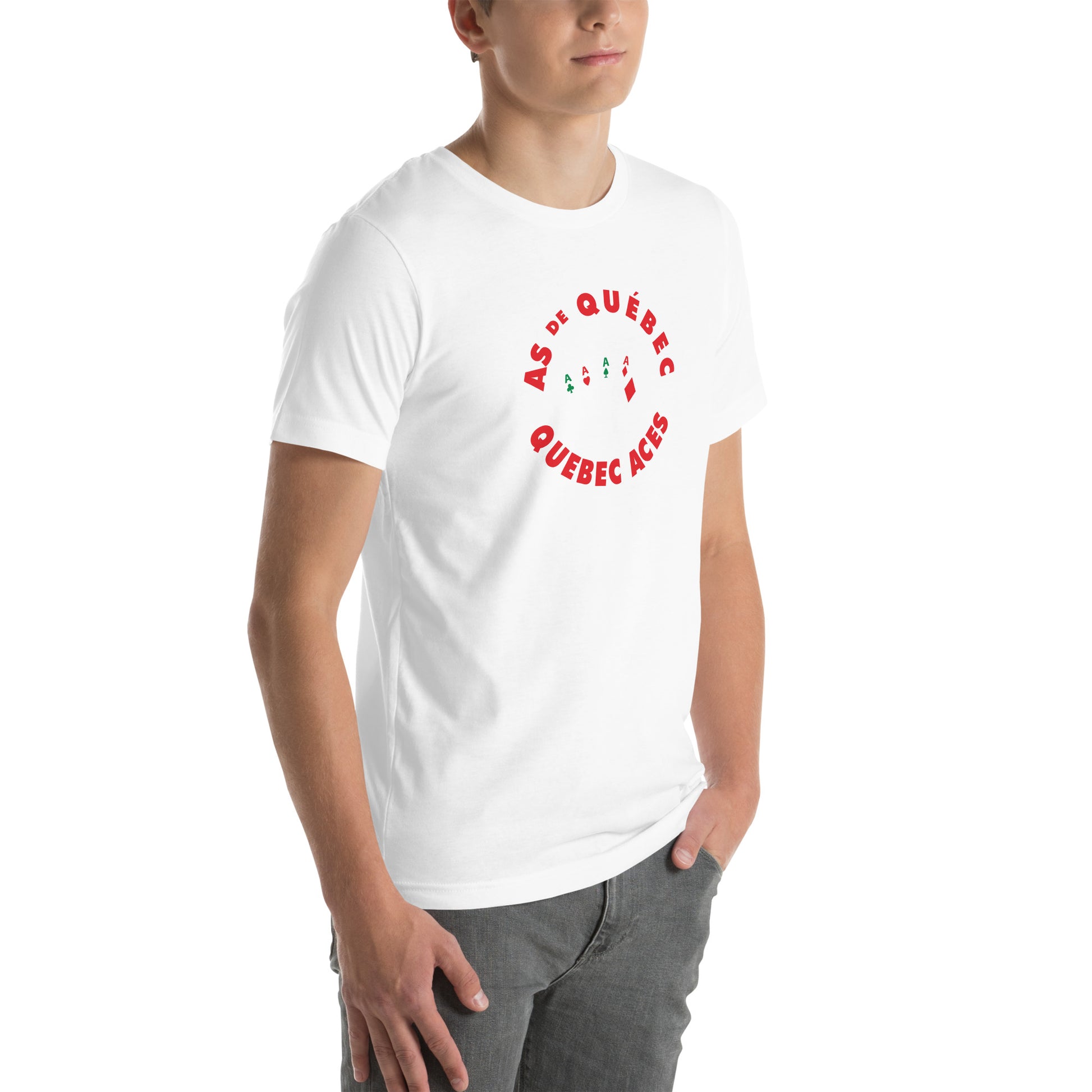 Quebec Aces T-shirt. White. "As de Quebec in red arched in top of circle, "Quebec Aces" arched in red below in circle. Center with four playing cards spread out, Aces in all for suits. Royal Retros