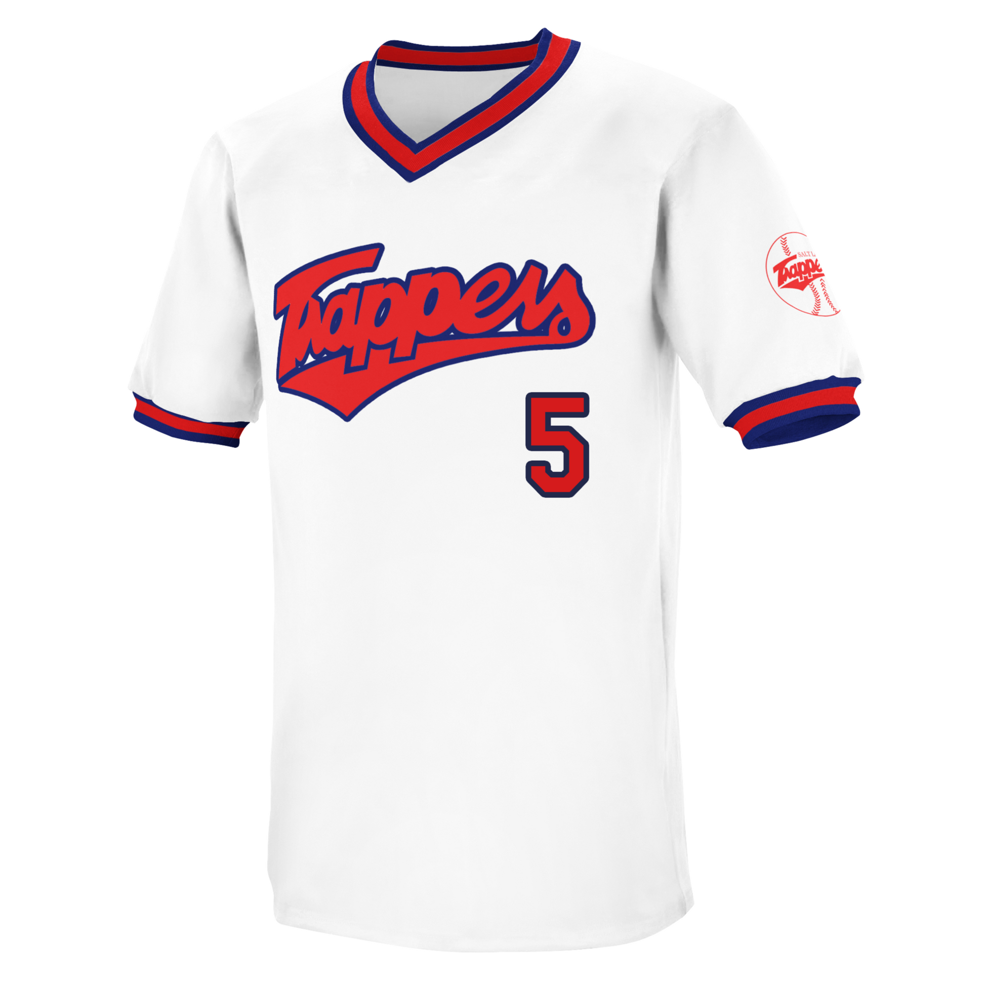 Salt Lake Trappers white baseball jersey. Blue, red, and blue collar and sleeve ends. Trappers in red across chest. #5 lower right in red with blue trim. Royal Retros