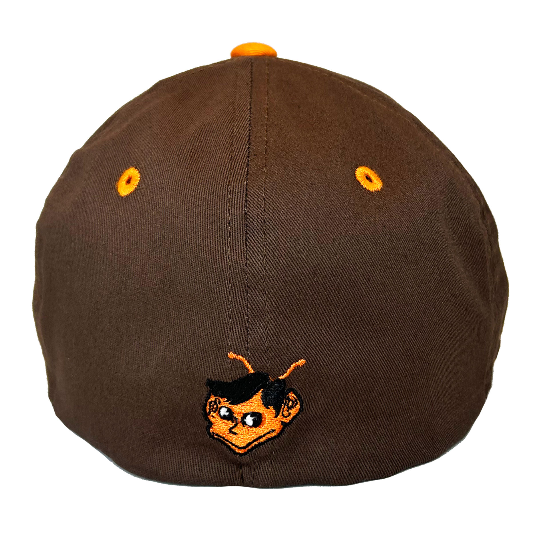 St Louis Browns Flex Hat back. Brown . Orange eyelets and top bean.  Brownie elf face on back. Royal Retros