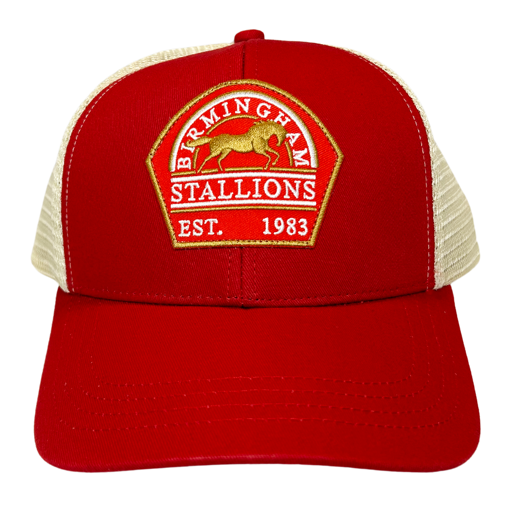 Birmingham Stallions Trucker Cap 1983 front  Red with White mesh Royal Retros