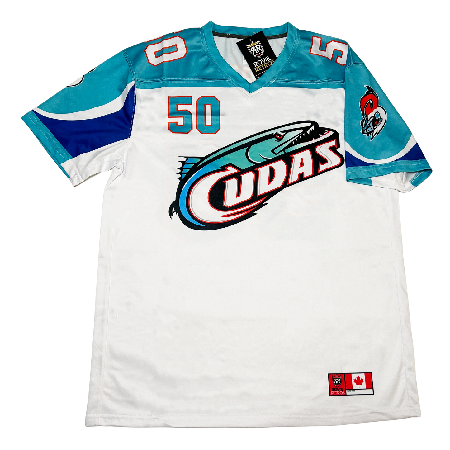 Birmingham Barracudas Jersey white with teal shoulders and teal #50 on right upper chest, Cudas logo om chest  Royal Retros