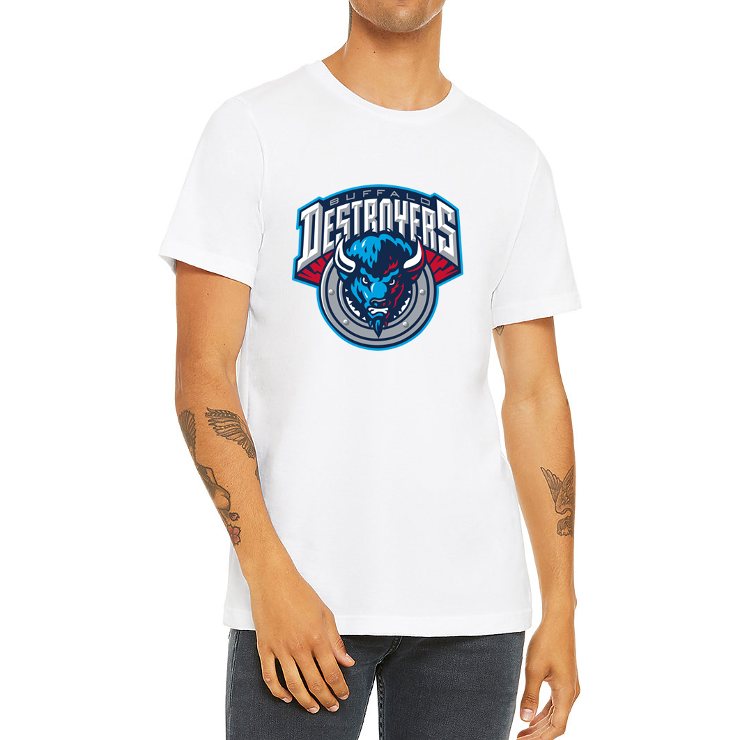 Buffalo Destroyers T-Shirt white. Stylized DESTROYERS arched over blue buffalo head over silver circle.  Royal Retros