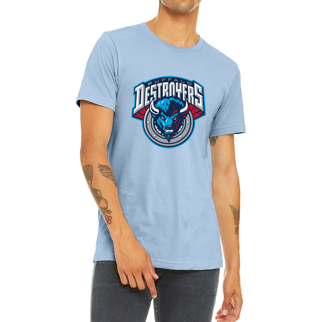 Buffalo Destroyers T-Shirt light blue. Stylized DESTROYERS arched over blue buffalo head over silver circle.  Royal Retros