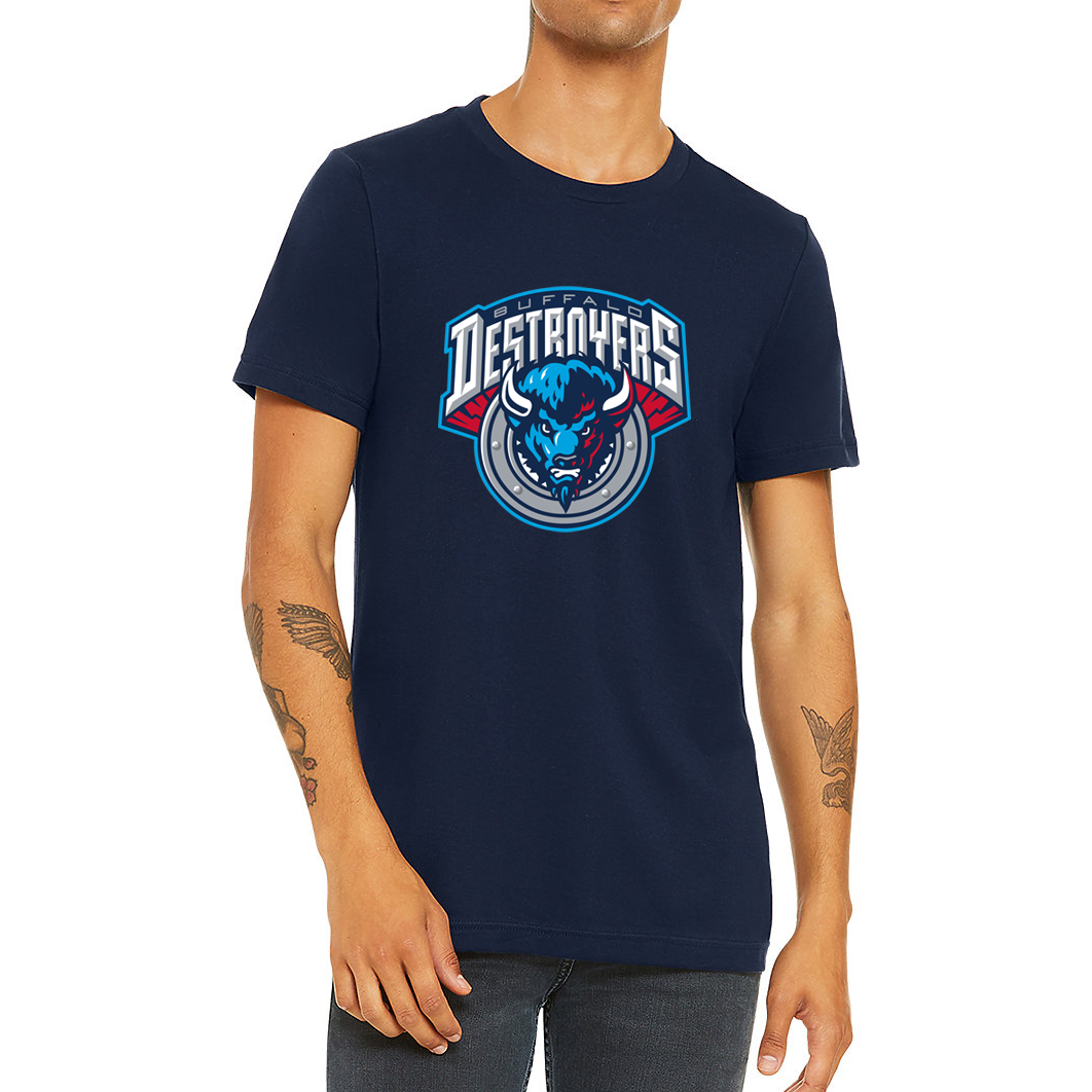 Buffalo Destroyers T-Shirt navy. Stylized DESTROYERS arched over blue buffalo head over silver circle.  Royal Retros