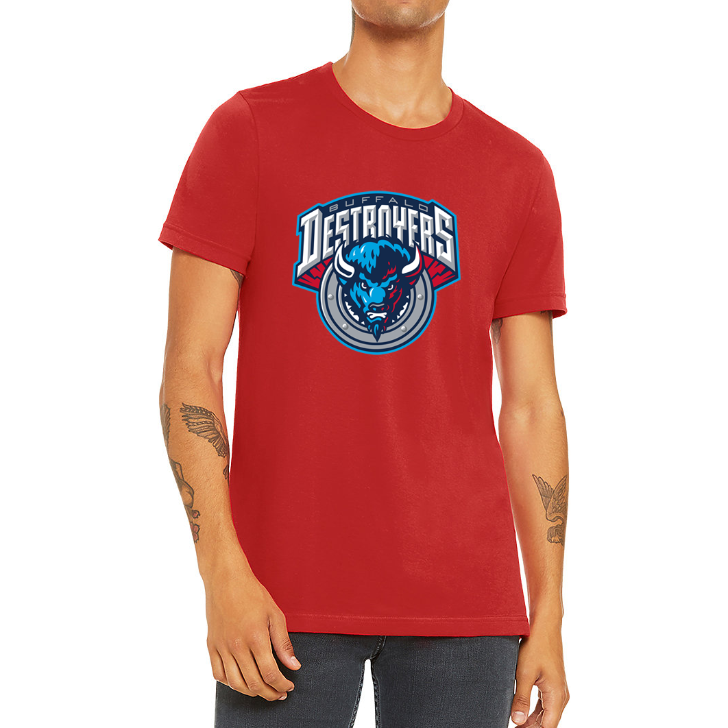 Buffalo Destroyers T-Shirt red. Stylized DESTROYERS arched over blue buffalo head over silver circle.  Royal Retros