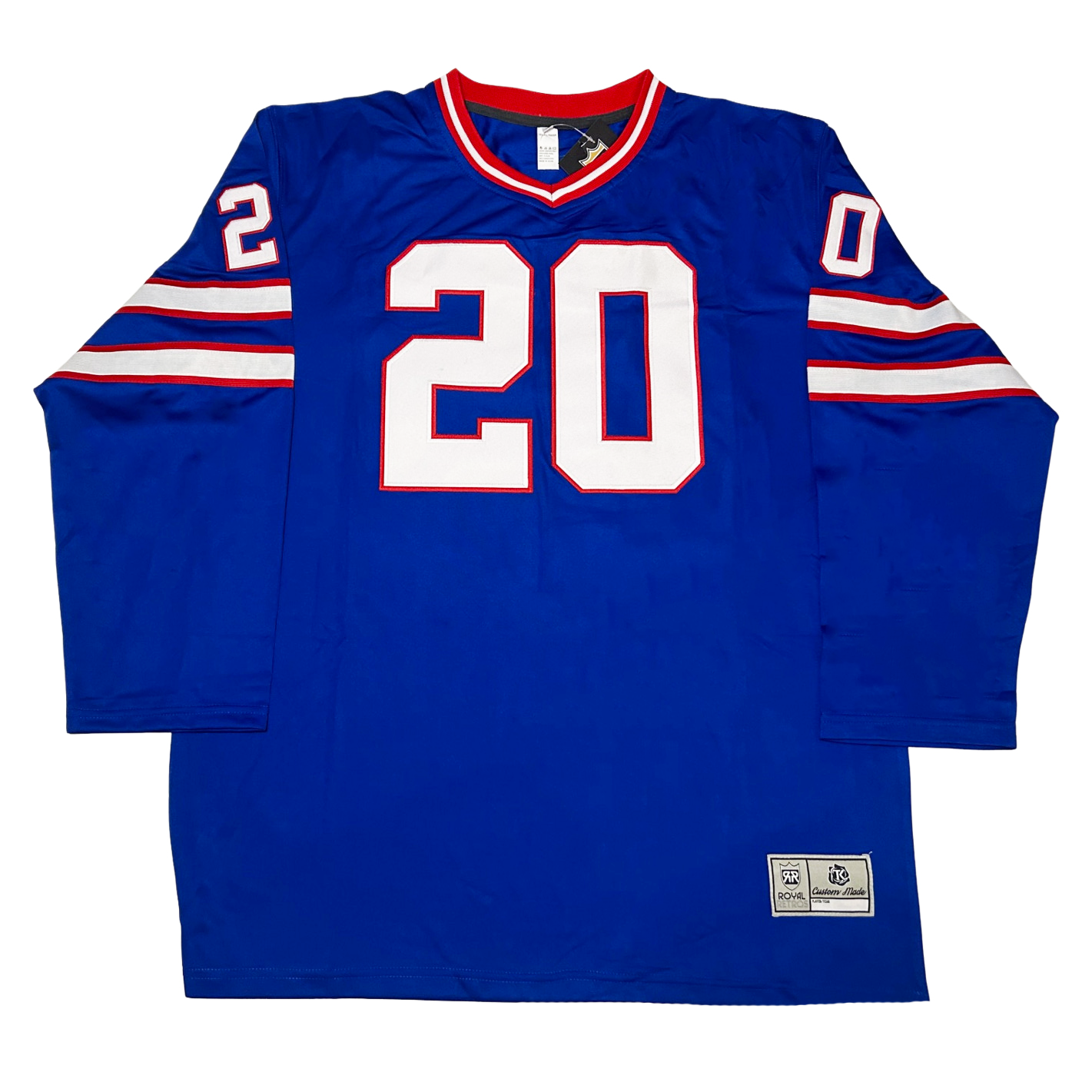 1875 Buffalo Bills long sleeve jersey. Blue. Red, white, and red collar. Two bands on sleeves. Thin red, white, thin red, mid-sleeve. #32 in white with red trim large on chest, small on sleeves. Royal Retros.