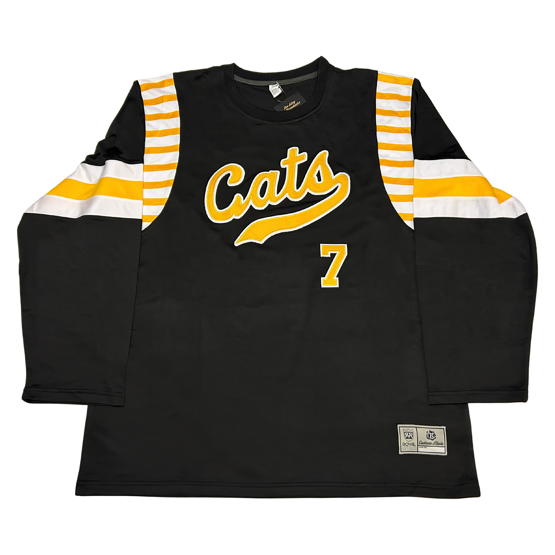 Atlantic Cats Roller Derby Jersey blue. Alternating white and gold bars at shoulders. Thin white line, thick gold and, thin white line, mid-shoulder Cats in cursive gold with white trim with banner flourish coming off "s"  #7 in gold with white trim. Royal Retros 