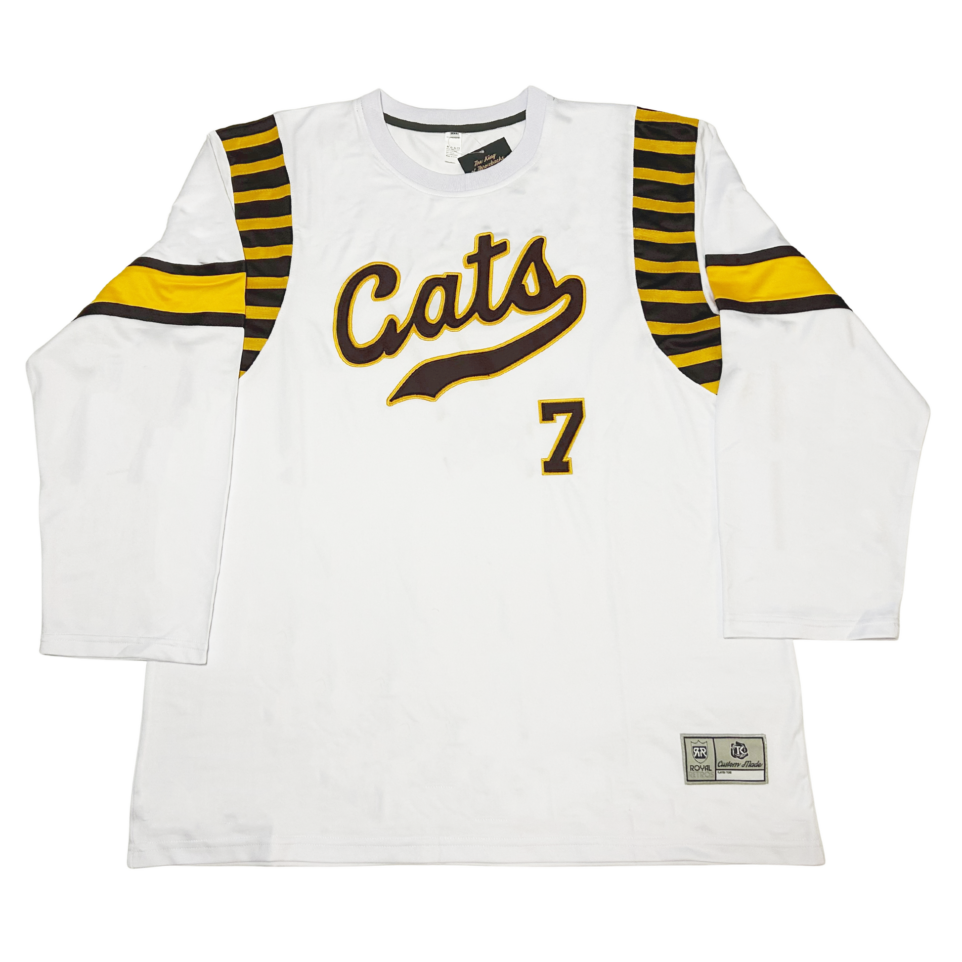 Atlantic Cats Roller Derby Jersey white. Alternating blue and gold bars at shoulders. Thin blue line, thick gold and, thin blue line, mid-shoulder Cats in cursive blue with gold trim with banner flourish coming off "s"  #7 in blue with gold trim. Royal Retros 