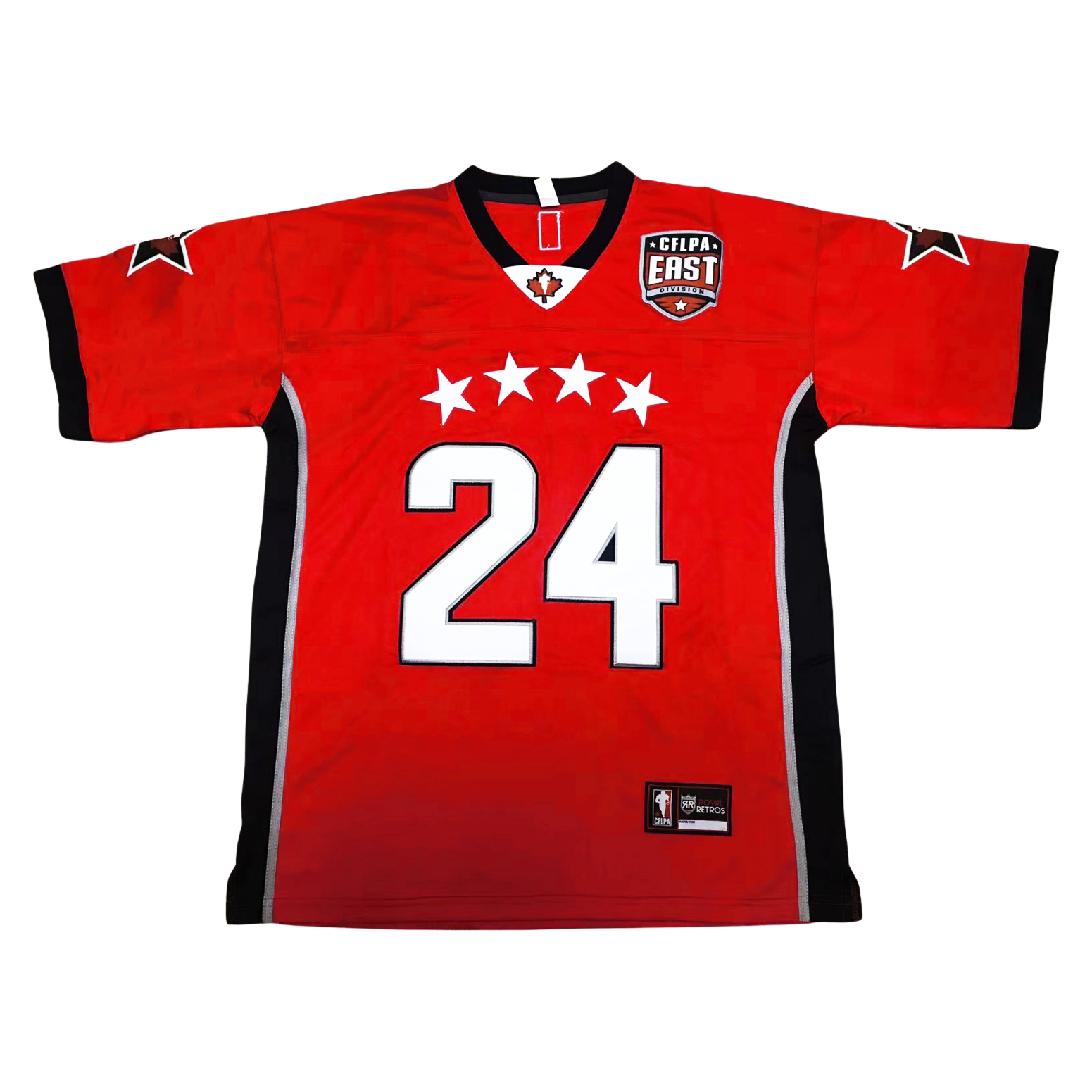 CFPA All-Star jersey red. Red shoulder and sleeves. Black stripes with silver trim down sides. Black sleeve ends. CFLPA logo on upper left chest. #24 in white with black trim. White red stars arched above numbers. Black star with white trim on each sleeve. Royal Retros.