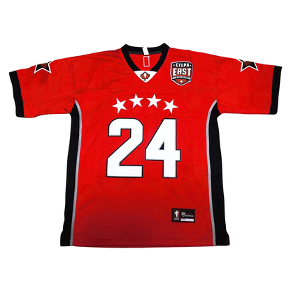 CFPA All-Star jersey red. Red shoulder and sleeves. Black stripes with silver trim down sides. Black sleeve ends. CFLPA logo on upper left chest. #24 in white with black trim. White red stars arched above numbers. Black star with white trim on each sleeve. Royal Retros.