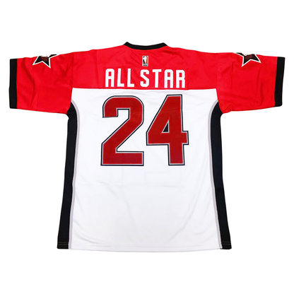 CFPA All-Star jersey white. Back. Red shoulder and sleeves. Black collar. Black stripes down sides with silver trim. Black sleeve ends. CFLPA logo on upper left chest. #24 in red with black trim. ALL STAR above numbers. Black star with white trim on each sleeve. Royal Retros.