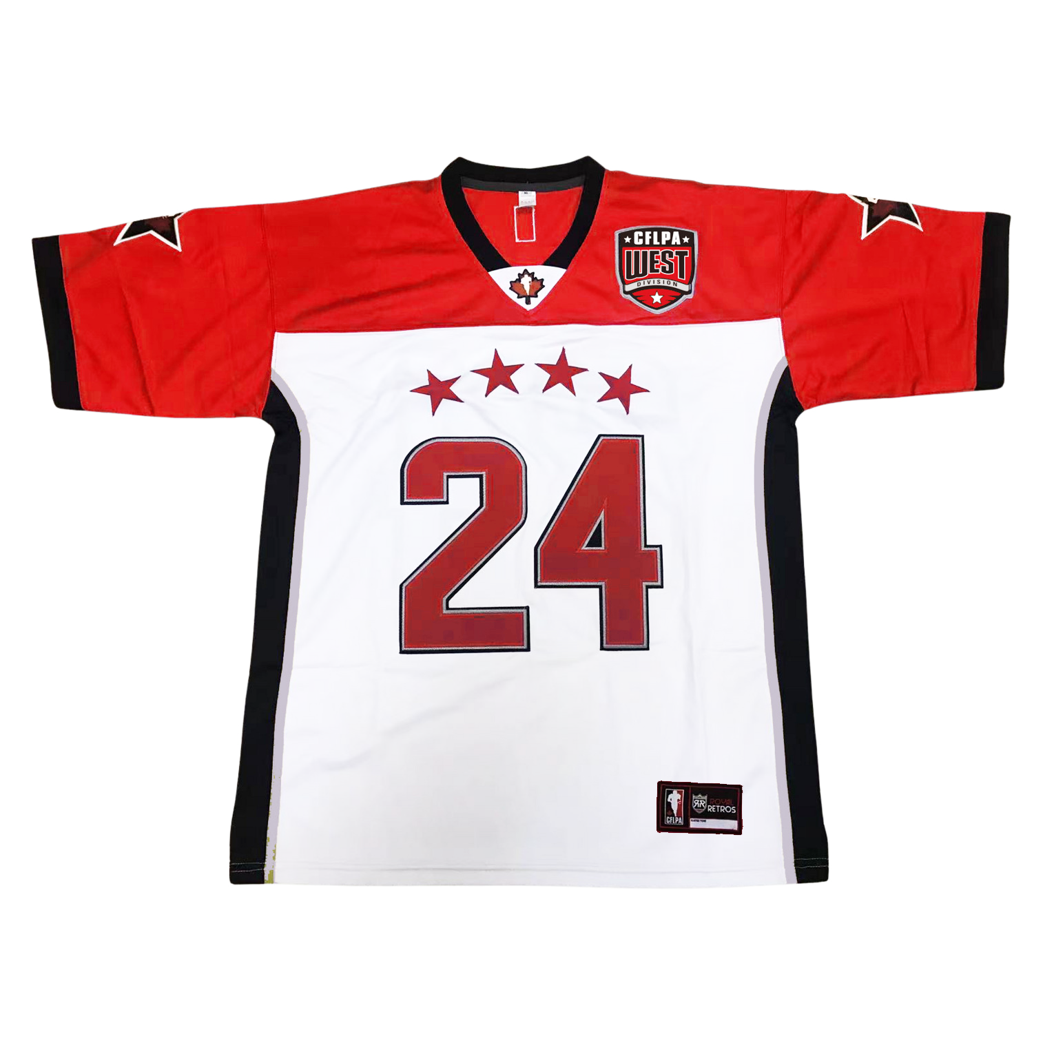 CFPA All-Star jersey white. Red shoulder and sleeves. Black collar. Black stripes down sides with silver trim. Black sleeve ends. CFLPA logo on upper left chest. #24 in red with black trim. Four red stars arched above numbers. Black star with white trim on each sleeve. Royal Retros.