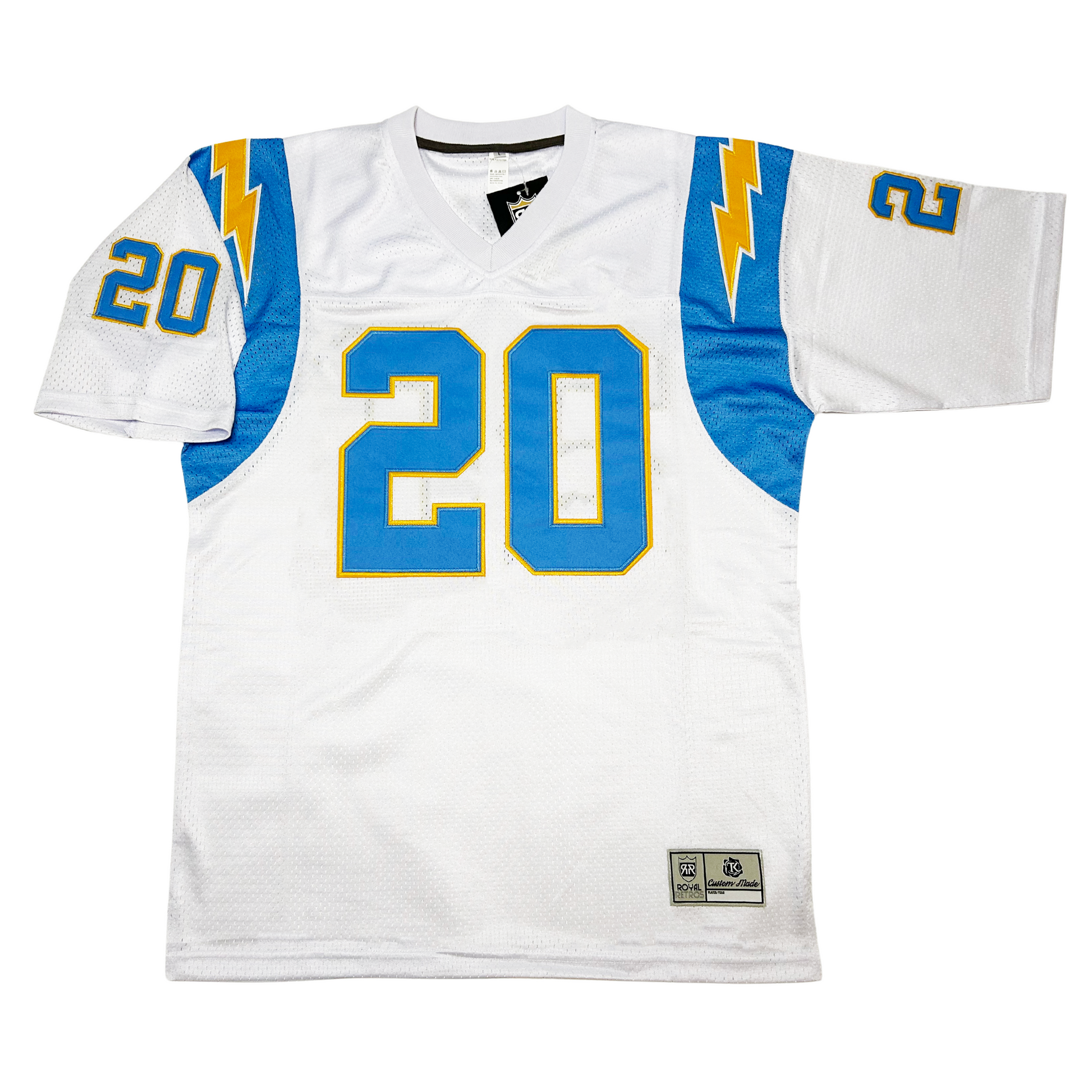 San Diego Los Angeles Chargers jersey. White. Blue bands around shoulders with yellow lightning bolts with white trim. #20 in blue with yellow trim large on chest small on sleeve ends. Royal Retros.