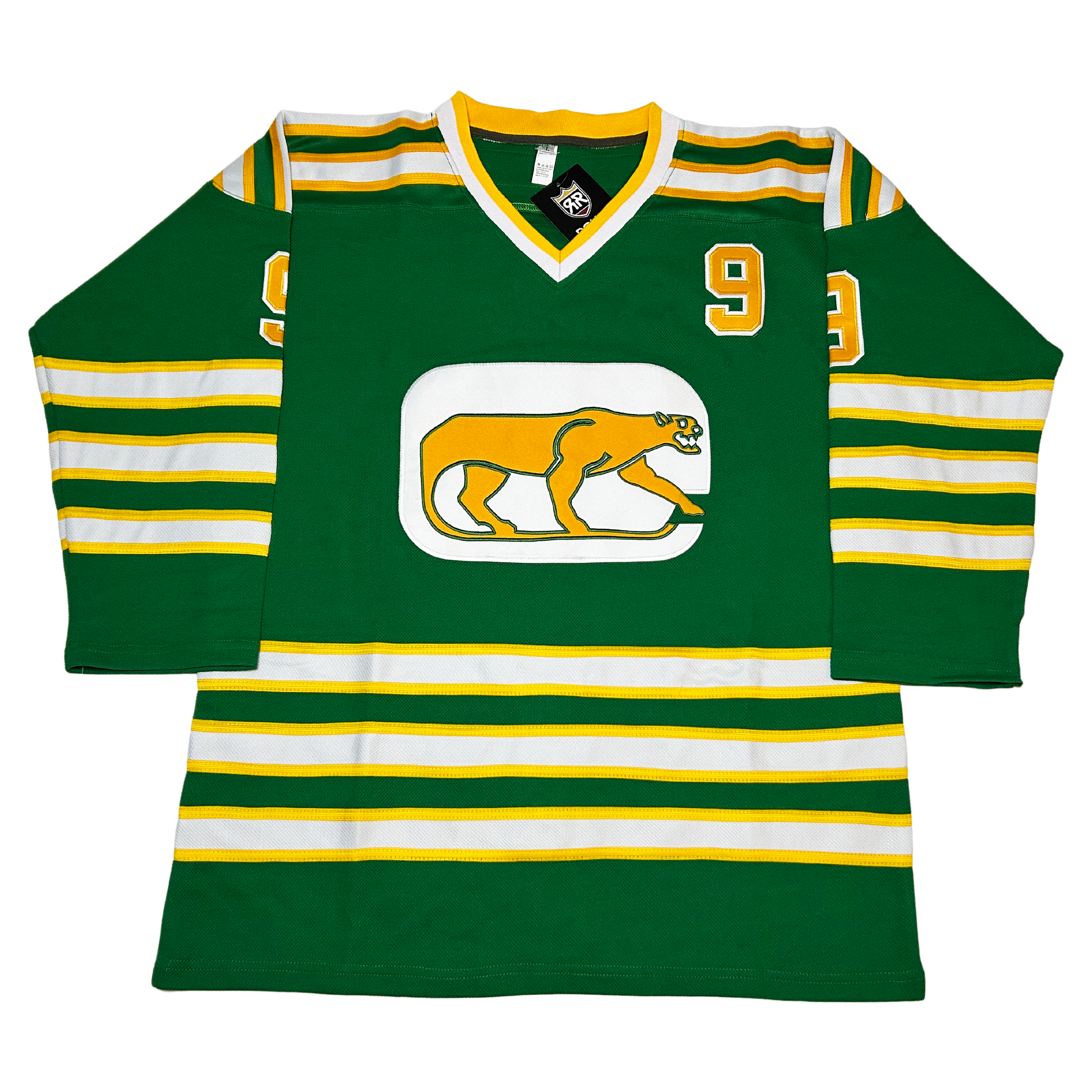 Chicago Cougars Jersey green. Three gold, white, and gold bands on sleeves and waist and shoulders. #9 in gold with white trim on upper left chest.  Logo: Profile of gold cougar on white background. Royal Retros