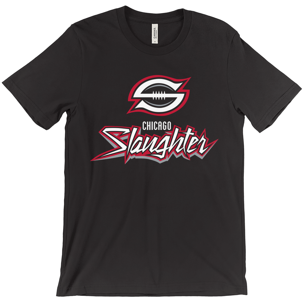 Chicago Slaughter T-shirt black. Stylized S around football. Chicago in white below. Stylized Slaughter in white with red and silver trim. Royal Retros