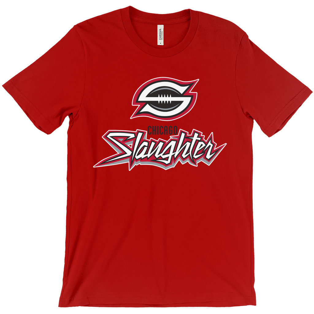 Chicago Slaughter T-shirt red. Stylized S around black football. Chicago in black below. Stylized Slaughter in white with red and silver trim. Royal Retros