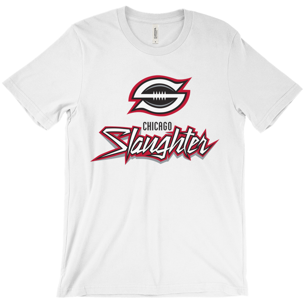 Chicago Slaughter T-shirt white. Stylized S around black football. Chicago in black below. Stylized Slaughter in white with red and silver trim. Royal Retros