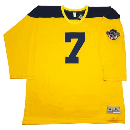 Cleveland Rams football jersey. Yellow. Navy blue shoulders with gold collar. #7 large in navy blue on chest. Rams logo on sleeve. Royal Retros