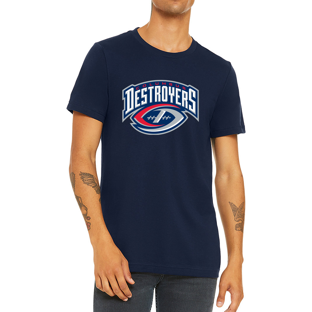 Columbus Destroyers T-shirt. Navy. Destroyers arched over interlocking red "C" and silver "D" forming a football. Royal Retros