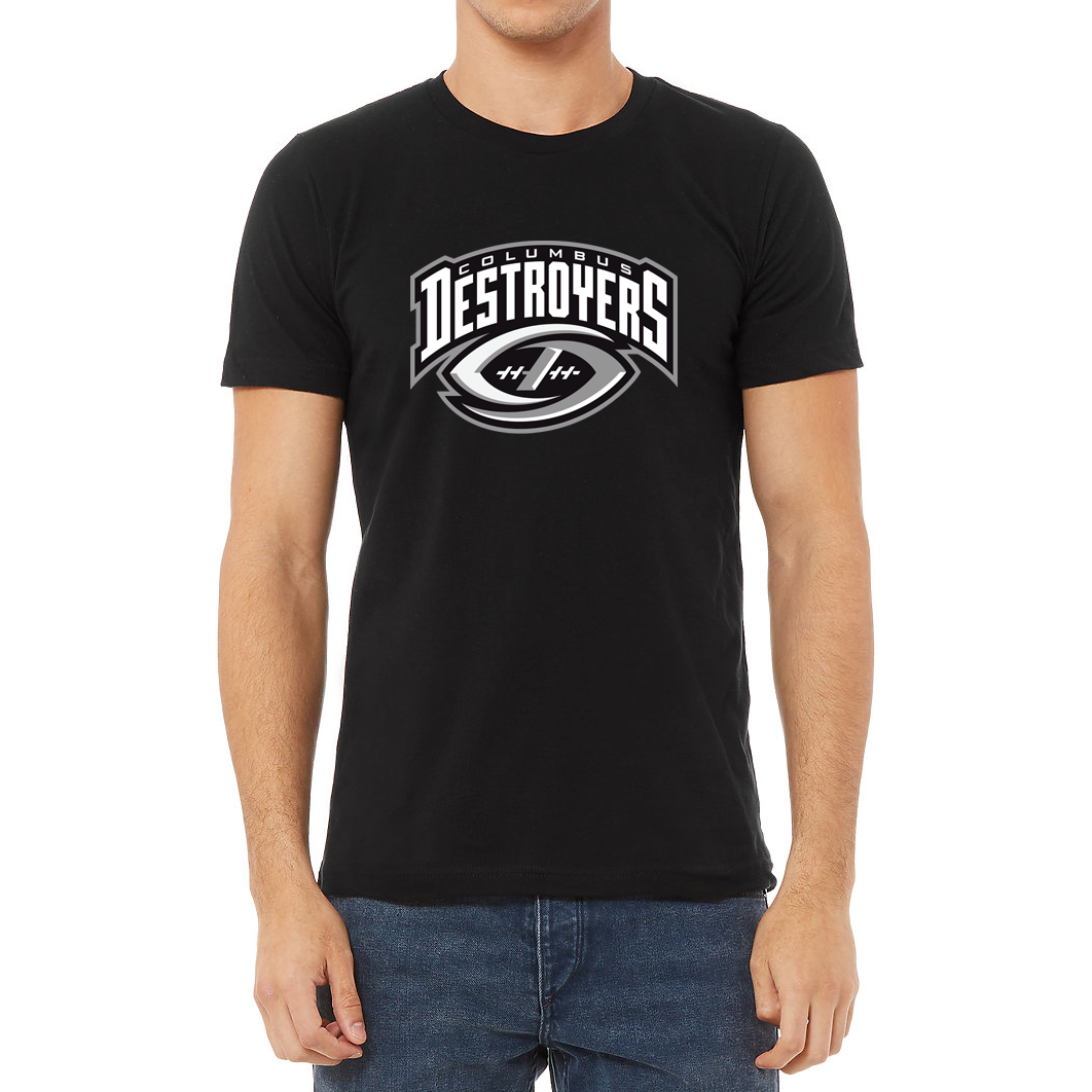 Columbus Destroyers T-shirt. Black. Destroyers arched over interlocking red "C" and silver "D" forming a football . Royal Retros