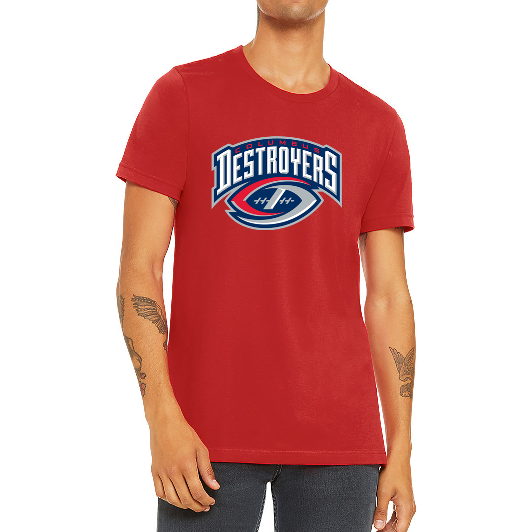 Columbus Destroyers T-shirt. Red. Destroyers arched over interlocking red "C" and silver "D" forming a football with blue background. Royal Retros