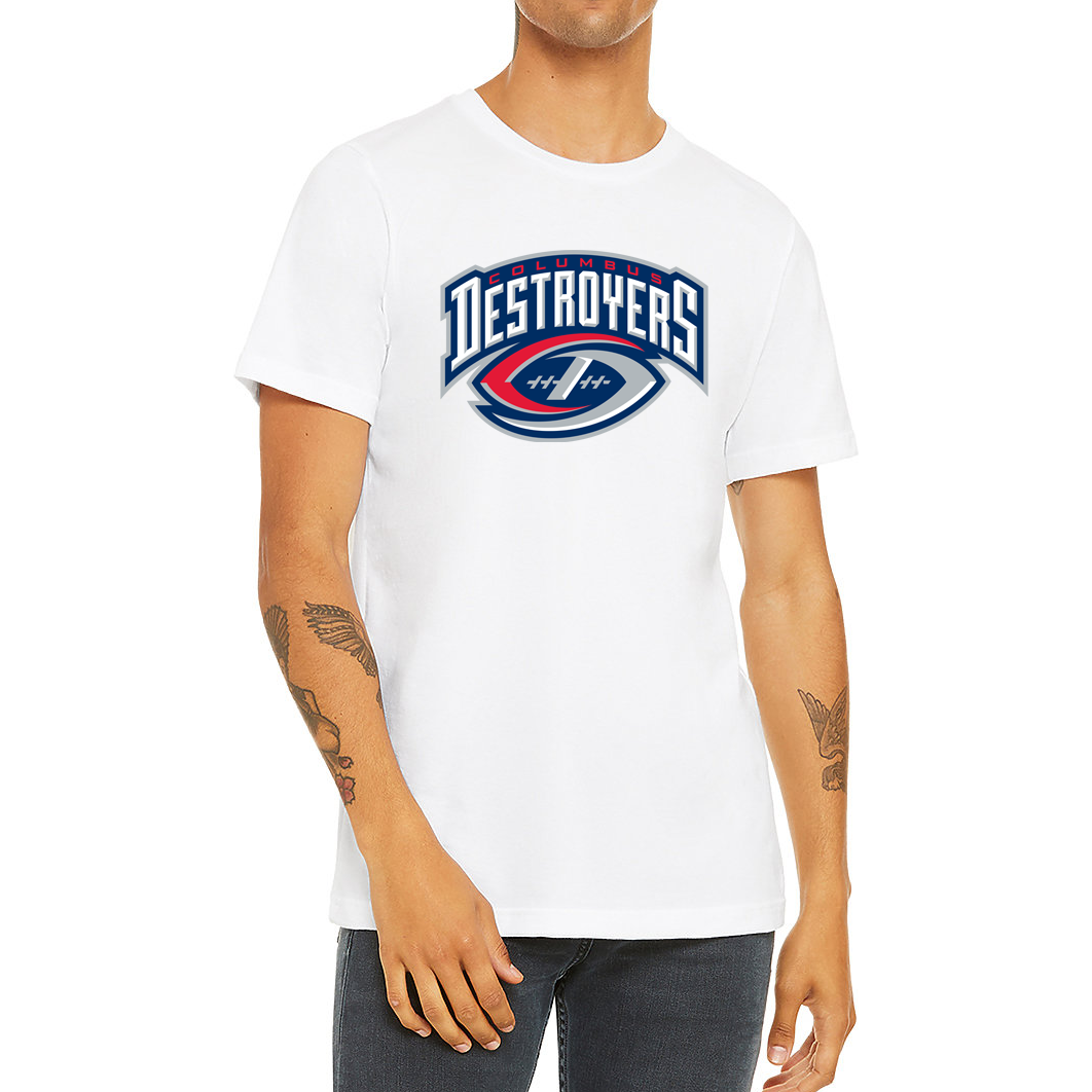 Columbus Destroyers T-shirt. White. Destroyers arched over interlocking red "C" and silver "D" forming a football with blue background. Royal Retros