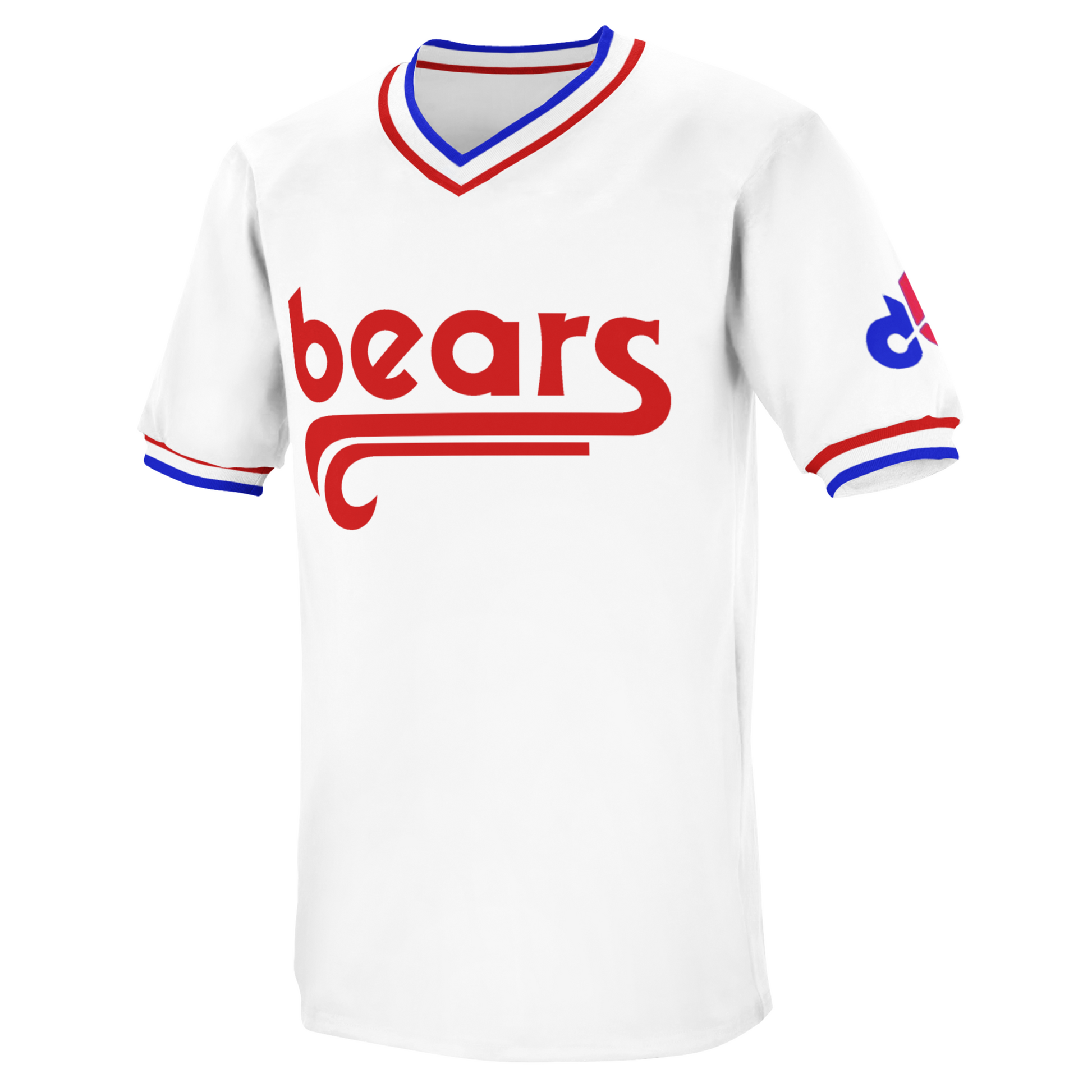 Denver Bears white baseball jersey. Red, white, and blue collar and sleeve ends. Stylized bears in lower case in red  with sweeping double tail underneath.