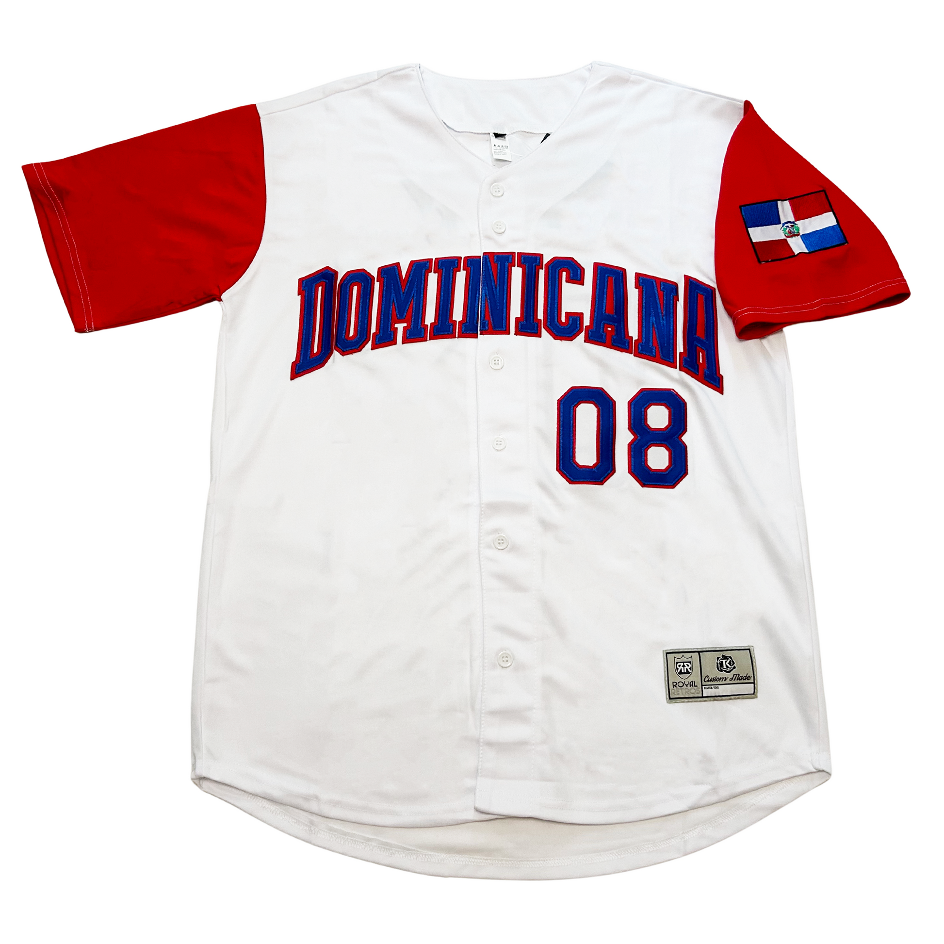 Dominican Republic baseball jersey white with red sleeves. Dominican flag on left sleeve. Dominica in blue with red trim across chest, #08 below left in blue with ed trim. Royal Retros