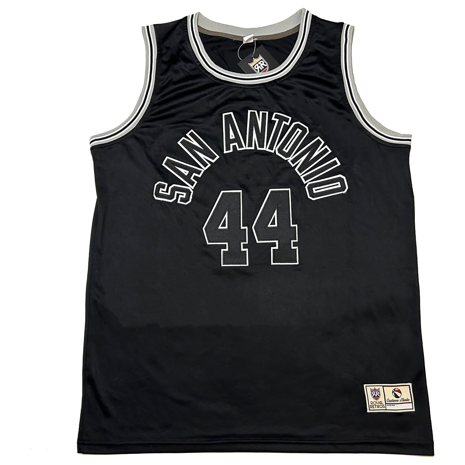 San Antonio ABA Jersey #44 black with slier and white trim on collar and shoulders. SAN ANTONIO in black with white trim arched across chest. #44 black with white trim below. Royal Retros