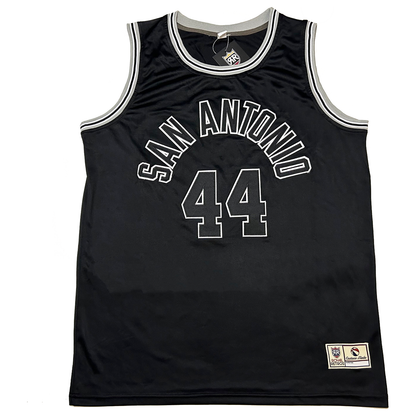 San Antonio ABA Jersey #44 black with slier and white trim on collar and shoulders. SAN ANTONIO in black with white trim arched across chest. #44 black with white trim below. Royal Retros