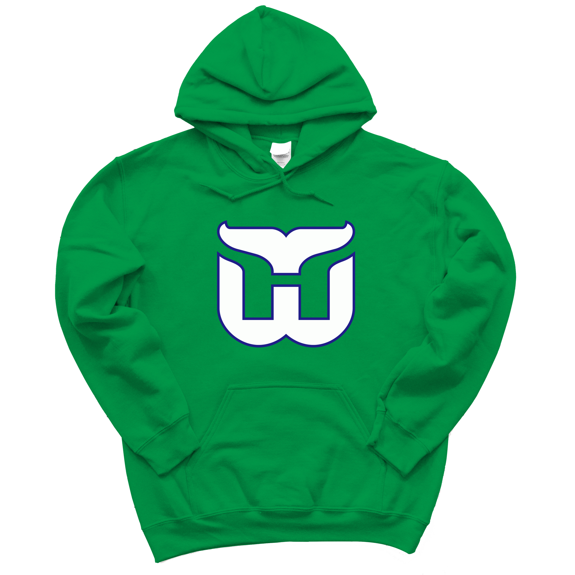 Whalers Hoodie green with white W whale tail logo trimmed in blue in center. Royal Retros