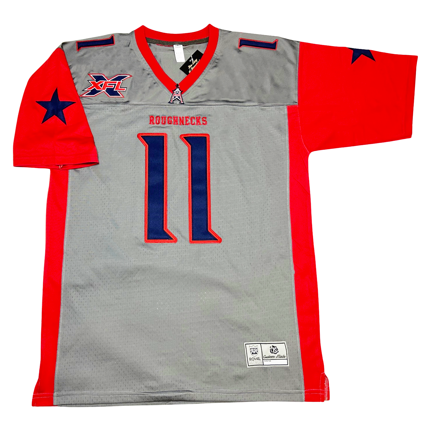 Houston Roughnecks 2020 XFL jersey. Silver with red sides and shoulders, sleeves, and collar. #11 blue with red trim large on chest with "Roughnecks" above numerals. Numbers small on shoulders. XFL logo on right upper chest. Royal Retros