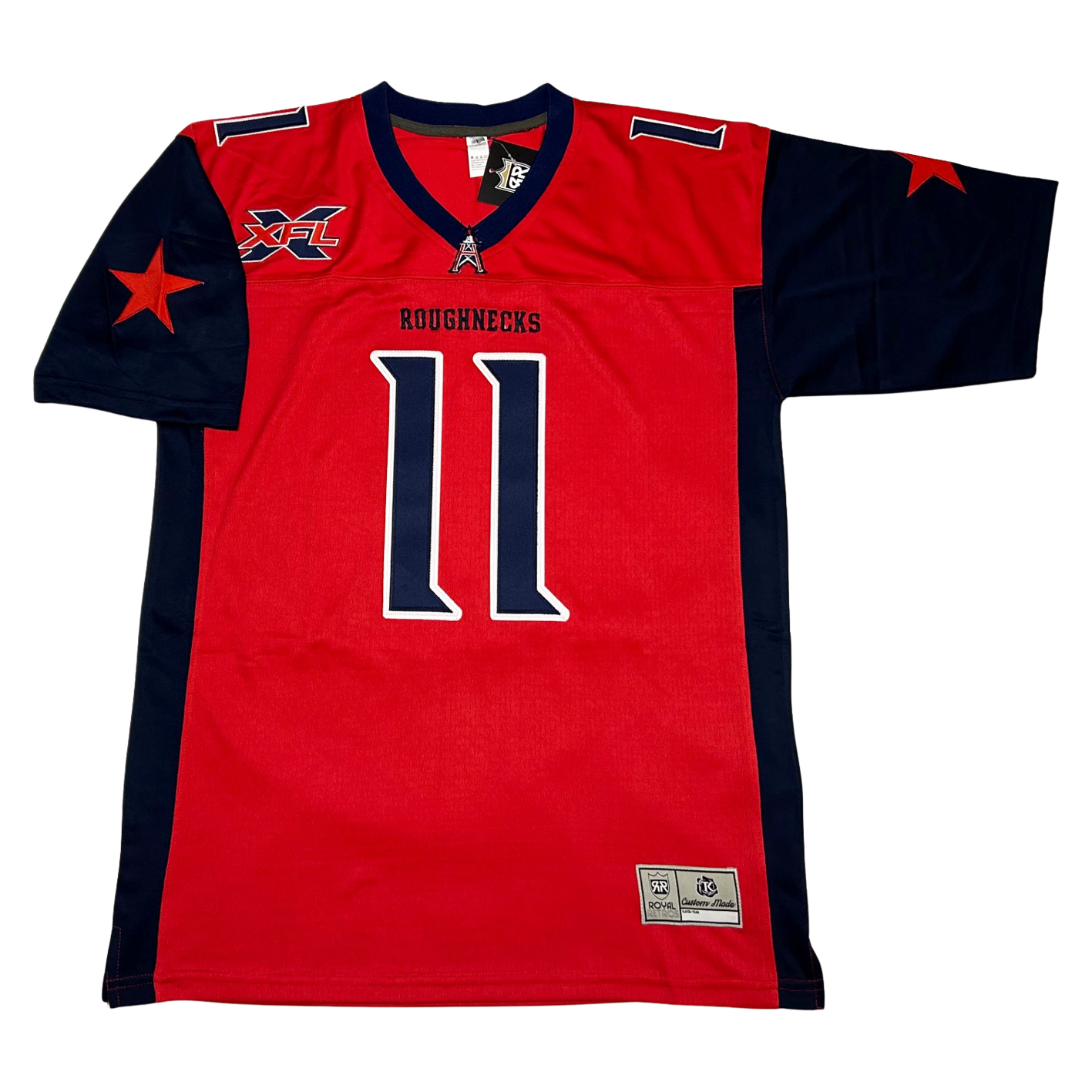 Houston Roughnecks 2020 XFL jersey. Red with black sides and shoulders, sleeves, and collar. #11 black large on chest with "Roughnecks" above numerals. Numbers small on shoulders. XFL logo on right upper chest. Royal Retros