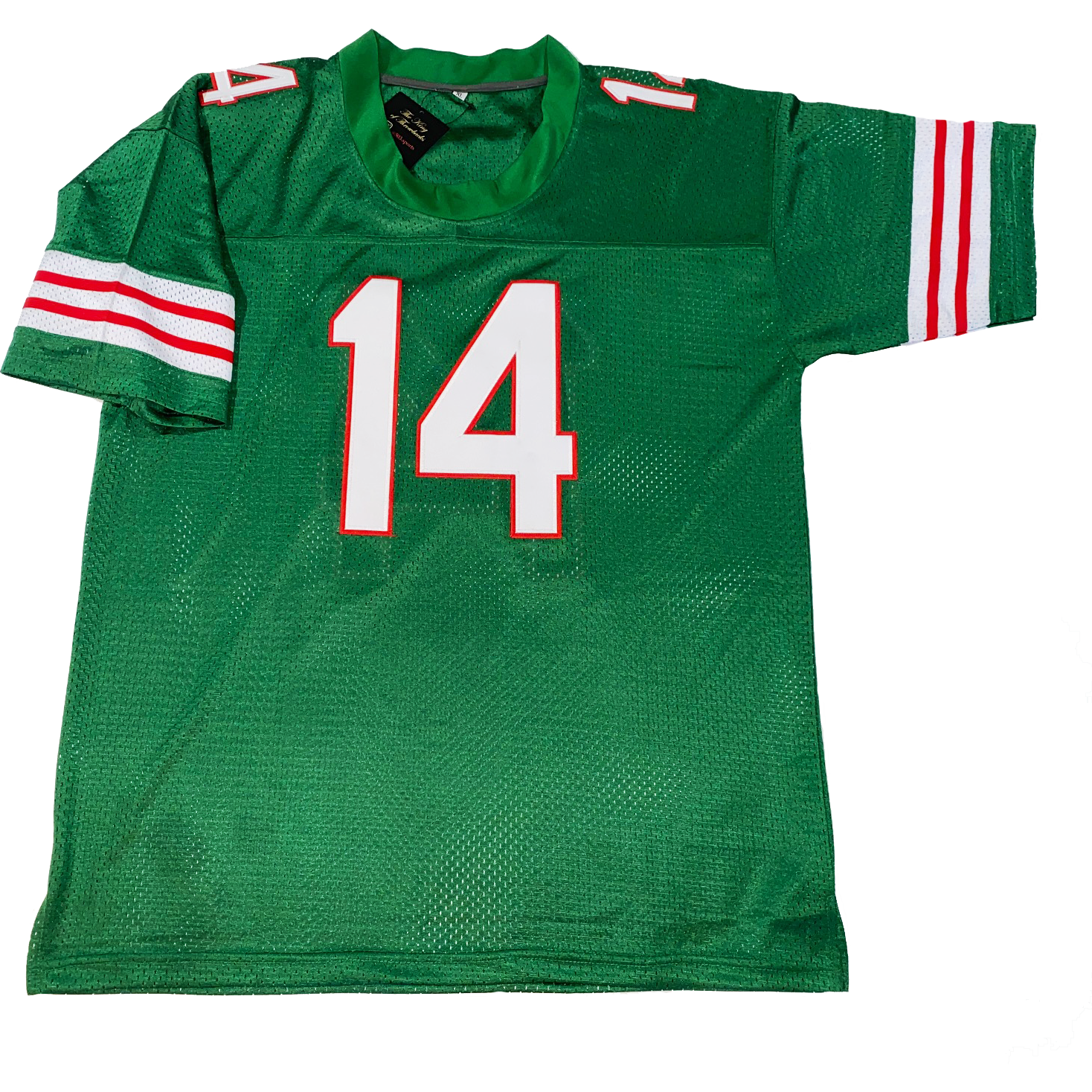 Montreal Alouettes green jersey with red and white trim and white #14 Royal Retros