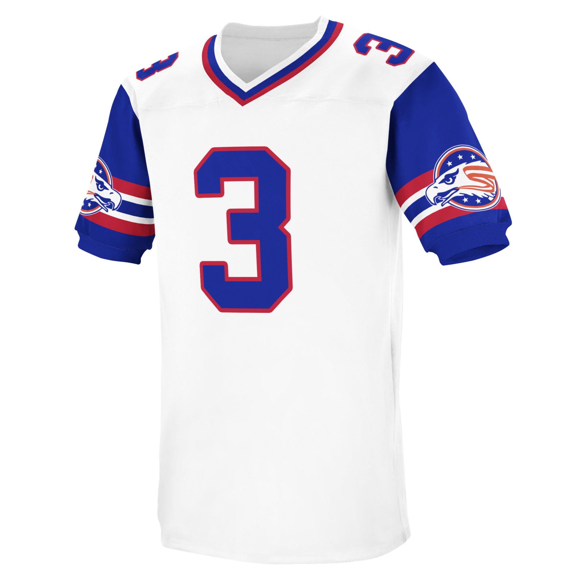 Ohio Glory WLAF Jersey white with blue sleeves.  Red, white, blue, white, and red bands on sleeves. Logo of eagle head over circle with stars in background on top of bands. Blue #3 with red trim, large on chest, small on shoulders. White, blue, and red trim on neck. Royal Retros