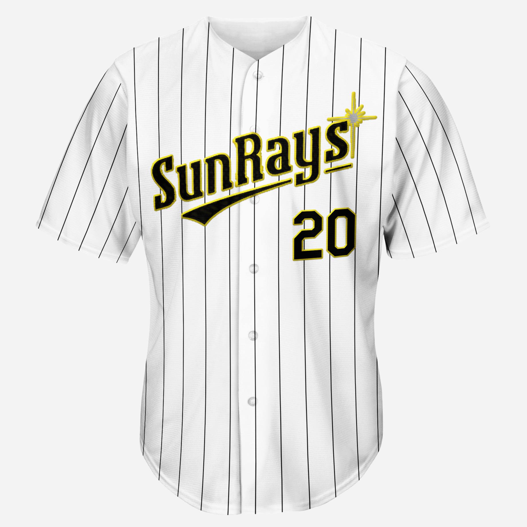 Orlando Sun Rays button-up jersey. White with brown pinstripes. Sun Rays across chest in brown with gold trim and text tail. #20 lower right brown with gold trim. Royal Retros