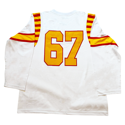 Philadelphia Warriors Roller Derby jersey. White. Back Red, gold, and red band on sleeves above elbow. Alternating red and gold stripes at shoulders. #67 gold with red trim, large on back. Royal Retros.