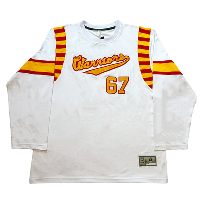 Philadelphia Warriors Roller Derby jersey. White. Red, gold, and red band on sleeves above elbow. Alternating red and gold stripes at shoulders. Warriors script logo gold with red trim. #67 gold with red trim, lower right. Royal Retros.