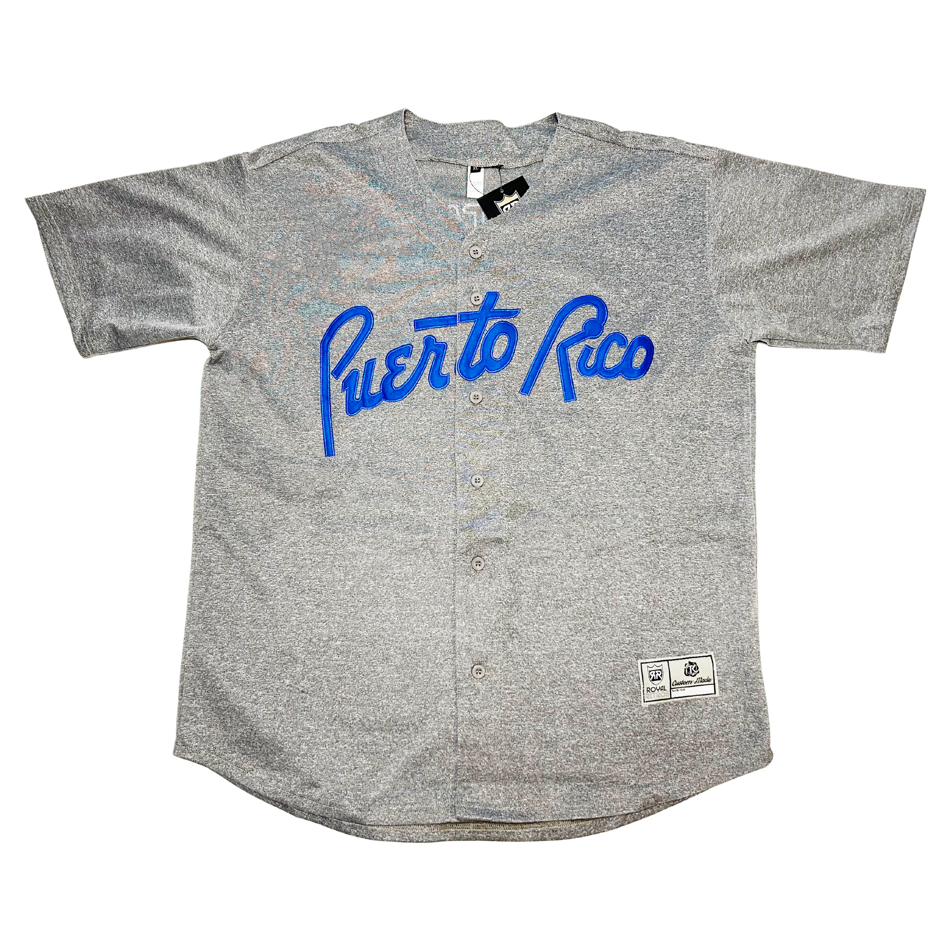 1958 Puerto Rico button-up baseball jersey pepper gray. Puerto Rico script blue across chest. Royal Retros