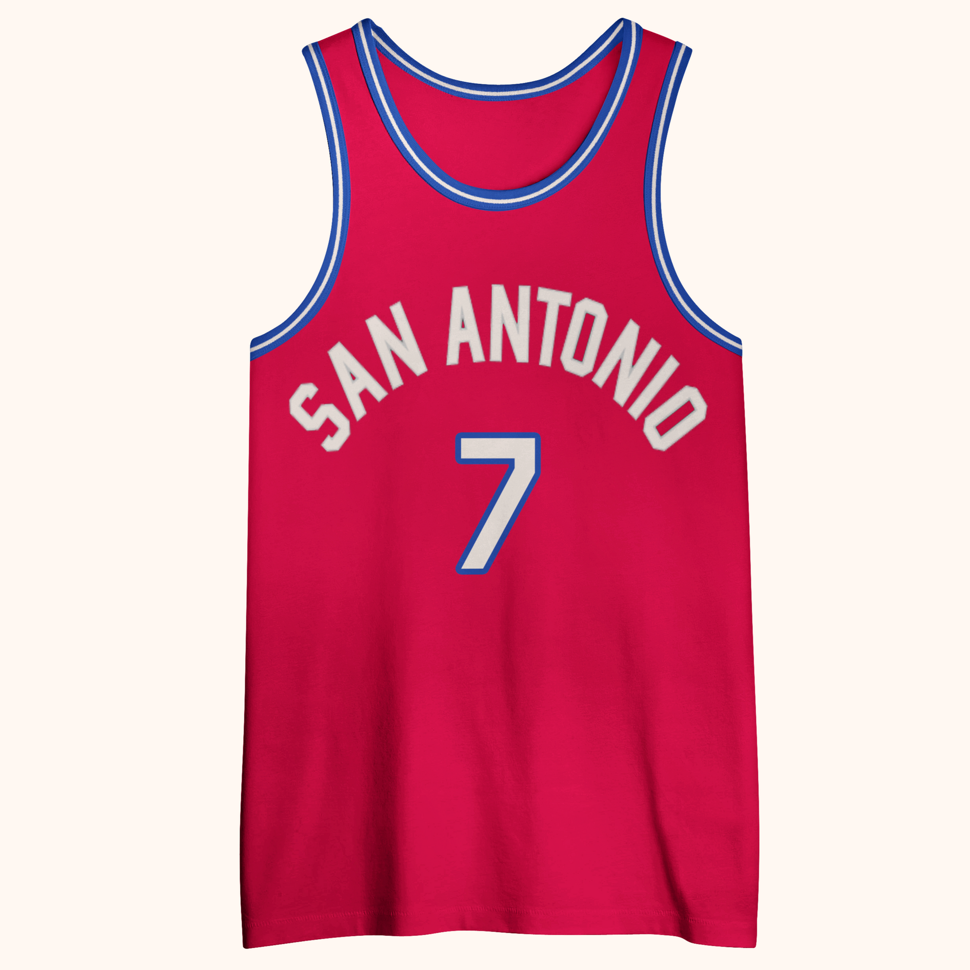 San Antonio ABA Jersey red with white and blue trim on collar and shoulders. SAN ANTONIO arched in white letters #7 in white with blue trim  Royal Retros