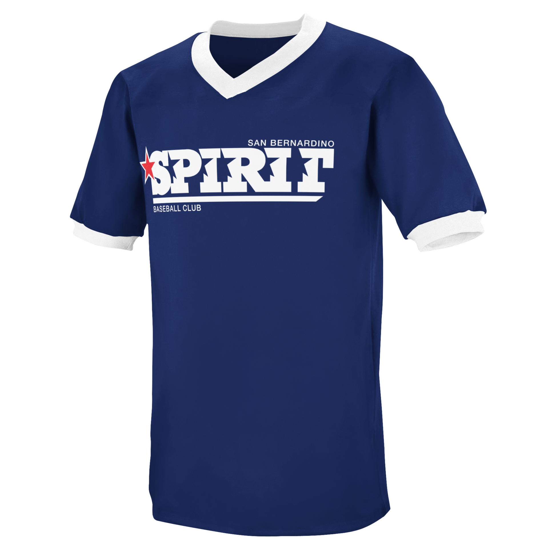 San Bernadino Spirit pullover baseball jersey. White collar. Spirt in clock white letters with white underline. "San Bernadino" in white, small above "Spirit" to the right. Royal Retros