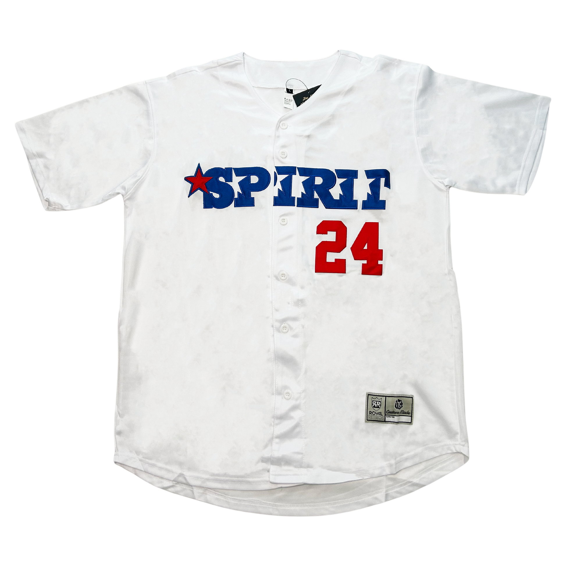 San Bernadino Spirt jersey. White. Spirt in blue block letters across chest. Red Star by "S". #24 in red below right. Royal Retros