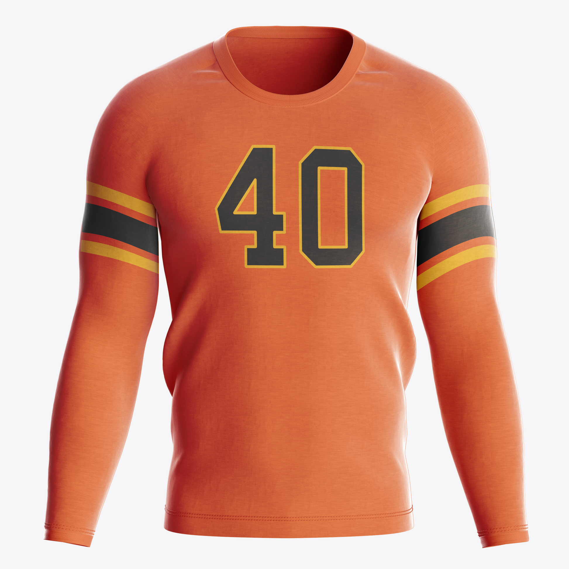 San Francisco Bay Bombers Roller Derby Jersey orange with black numbers with yellow trim #40 in black with yellow trim. Alternating gold, orange and black bands mid-sleeve. Royal Retros 