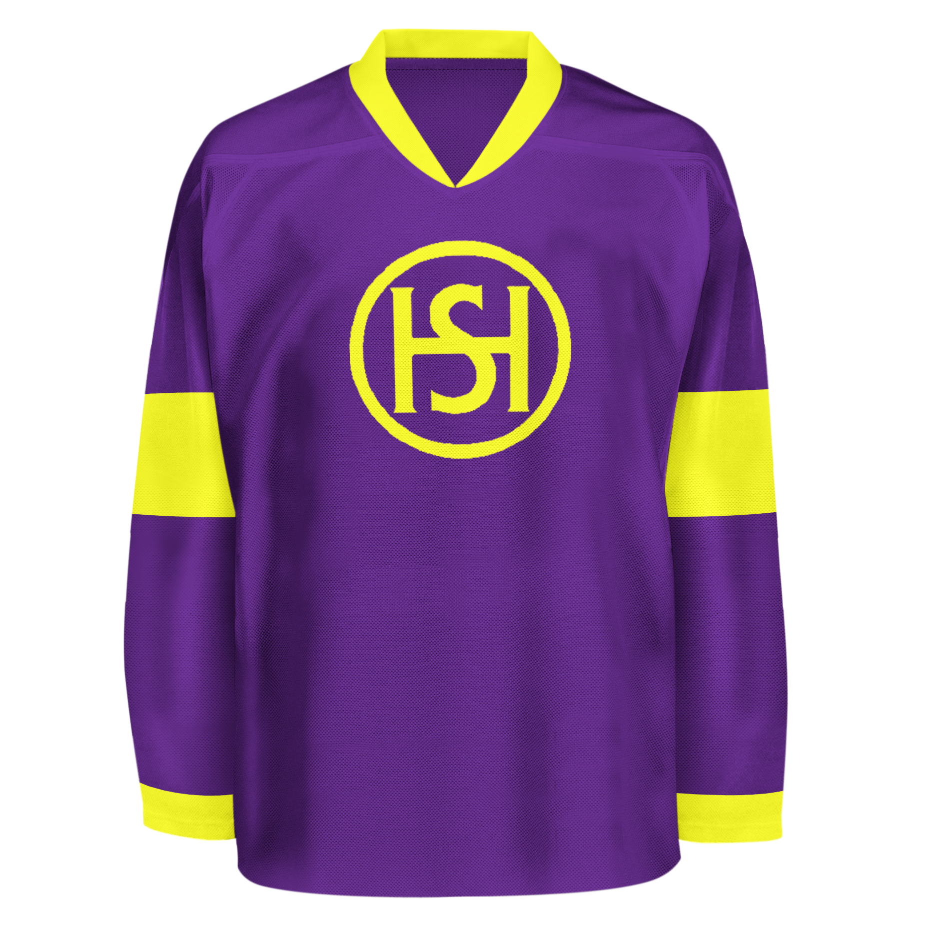 Spokane Canaries hockey jersey. Purple. Yellow collar. Yellow bands mid-sleeve and at sleeve ends. Yellow circle large on chest with interlocking H and S. Royal Retros. 