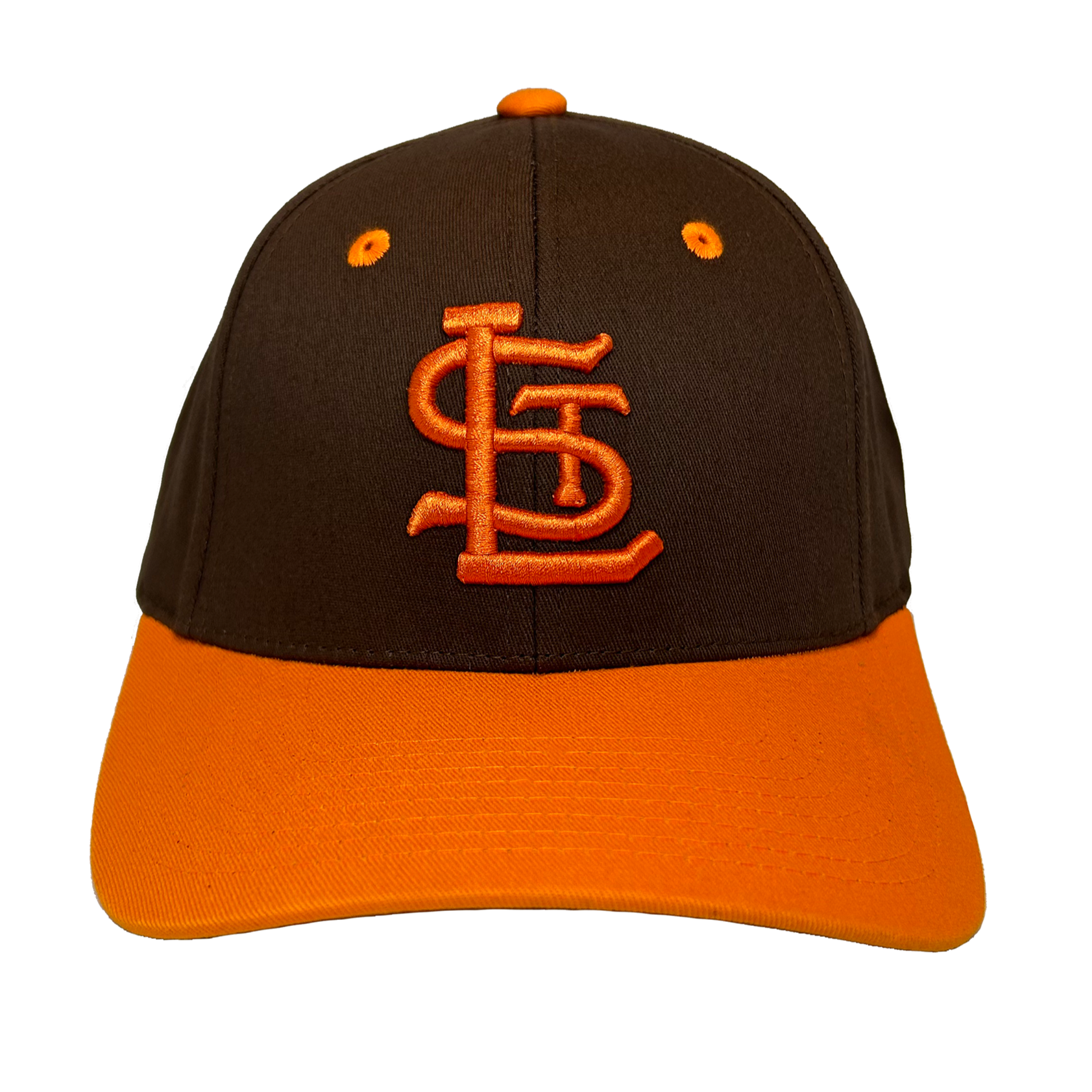 St Louis Browns Flex Hat front. Brown with orange bill. Interlocking STL. Orange eyelets and top bean.  Royal Retros