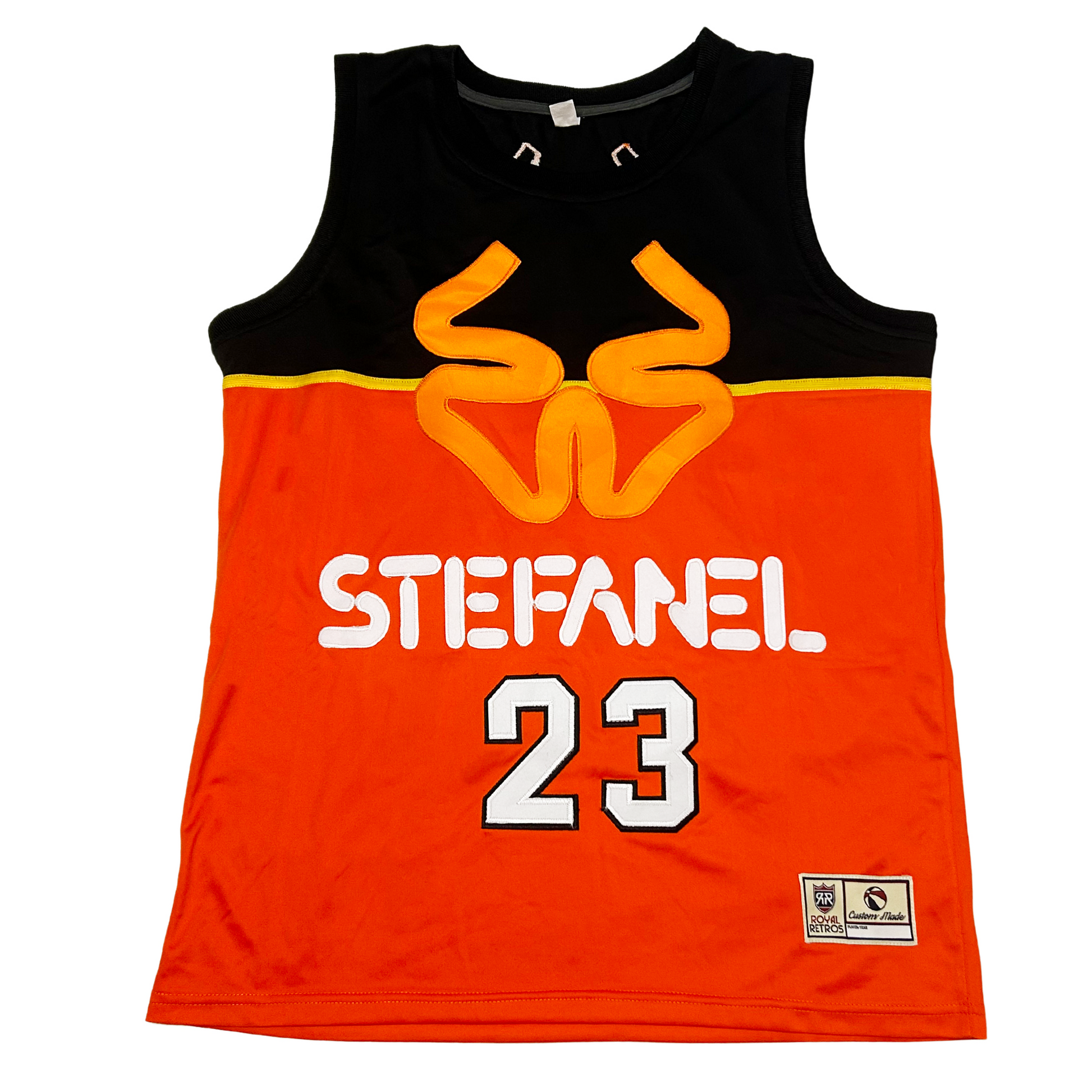 Stefanel Trieste Jersey #23. Black on top, orange bottom. Front view Royal Retros