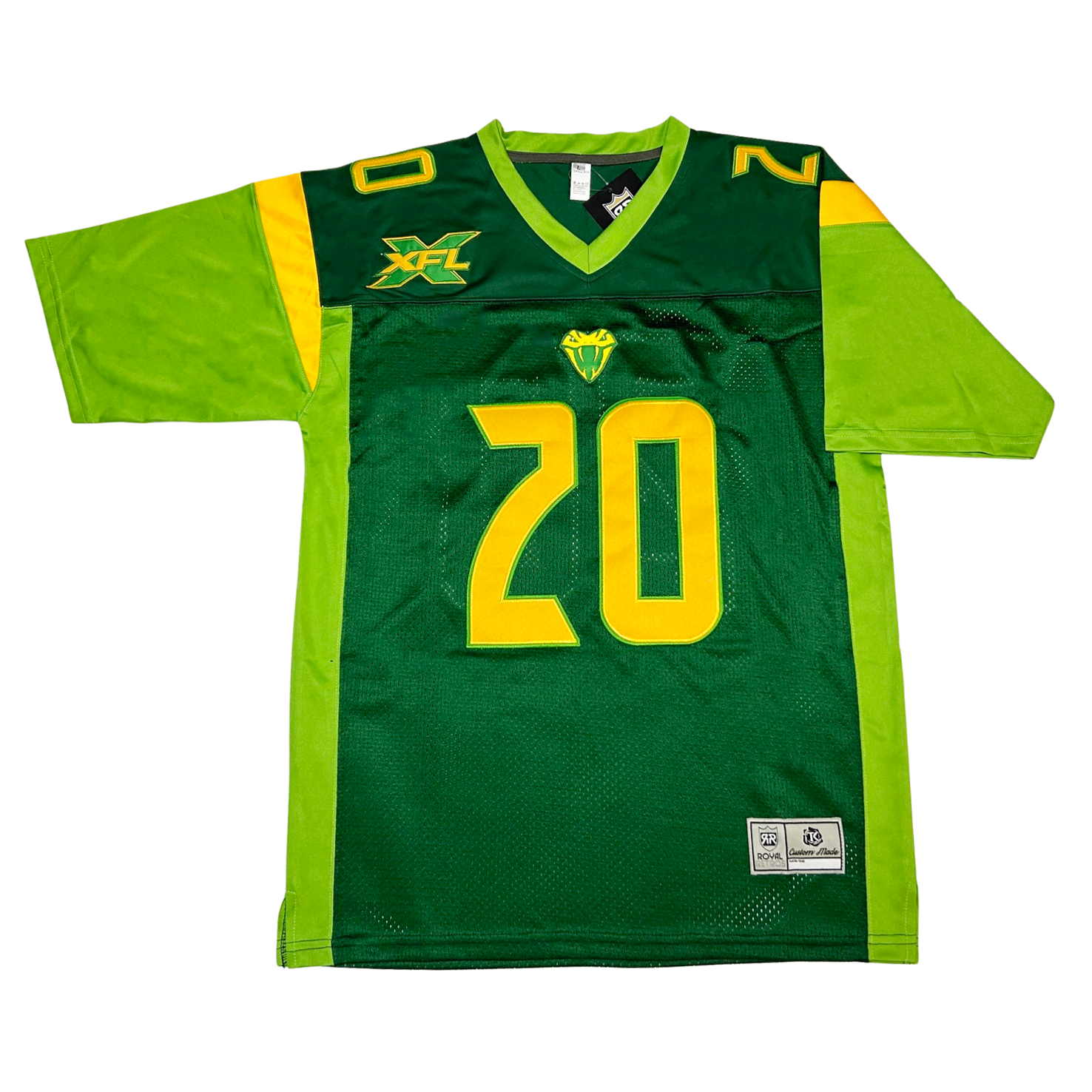 Tampa Bay Vipers XFL Jersey. Dark green with ight green sides and sleeves. Gold trim around shoulders. Light green neck. XFL logo, top right chest, with green X in yellow gold trim with gold XFL over top. #20 gold with green trim large on chest, small on shoulders. Royal Retros