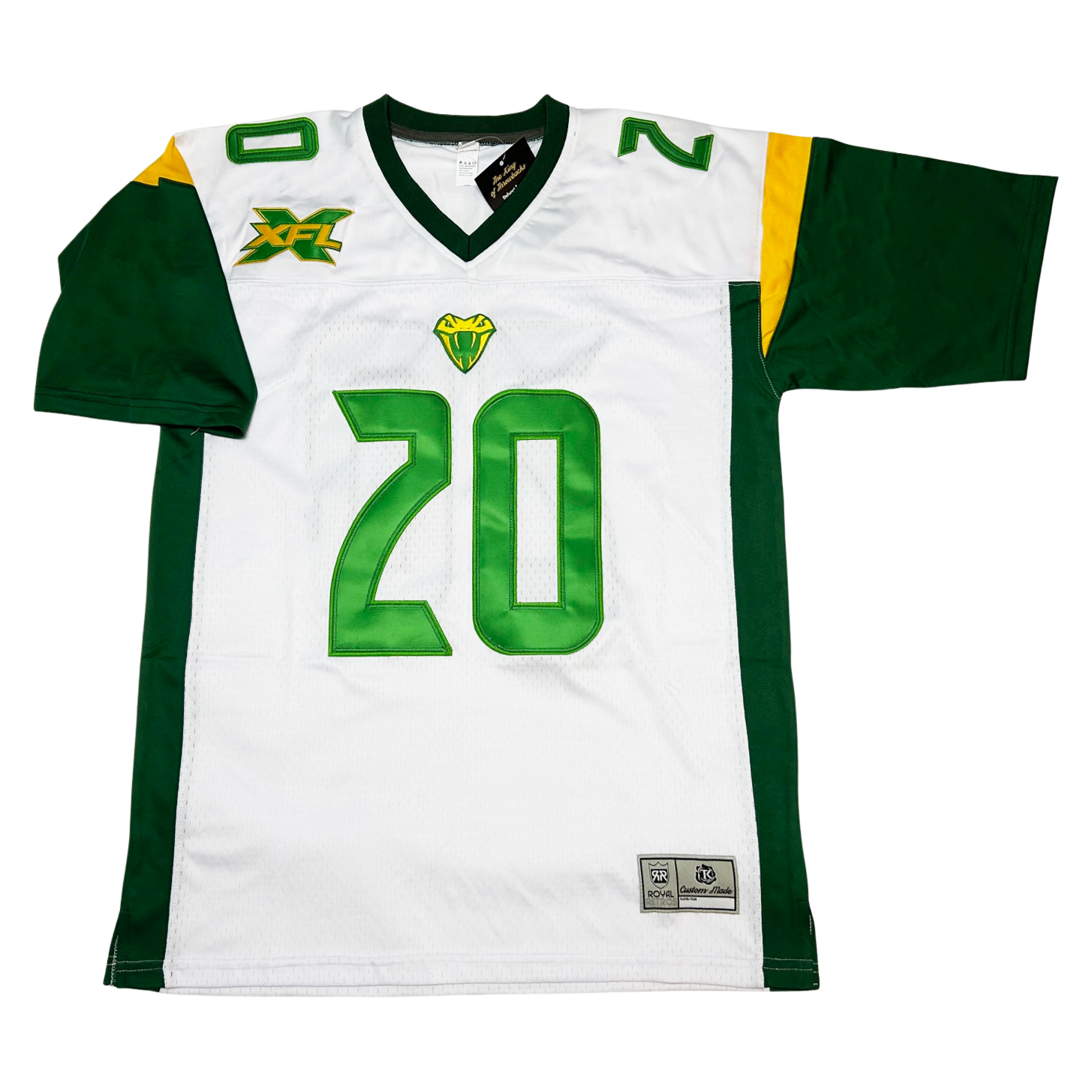 Tampa Ba Vipers XFL jersey. White with green sides and sleeves. Green neck. XFL logo top right chest with a green X with gold trim, and gold FL over top. #20 green, large on chest, smaller on shoulders. Royal Retros